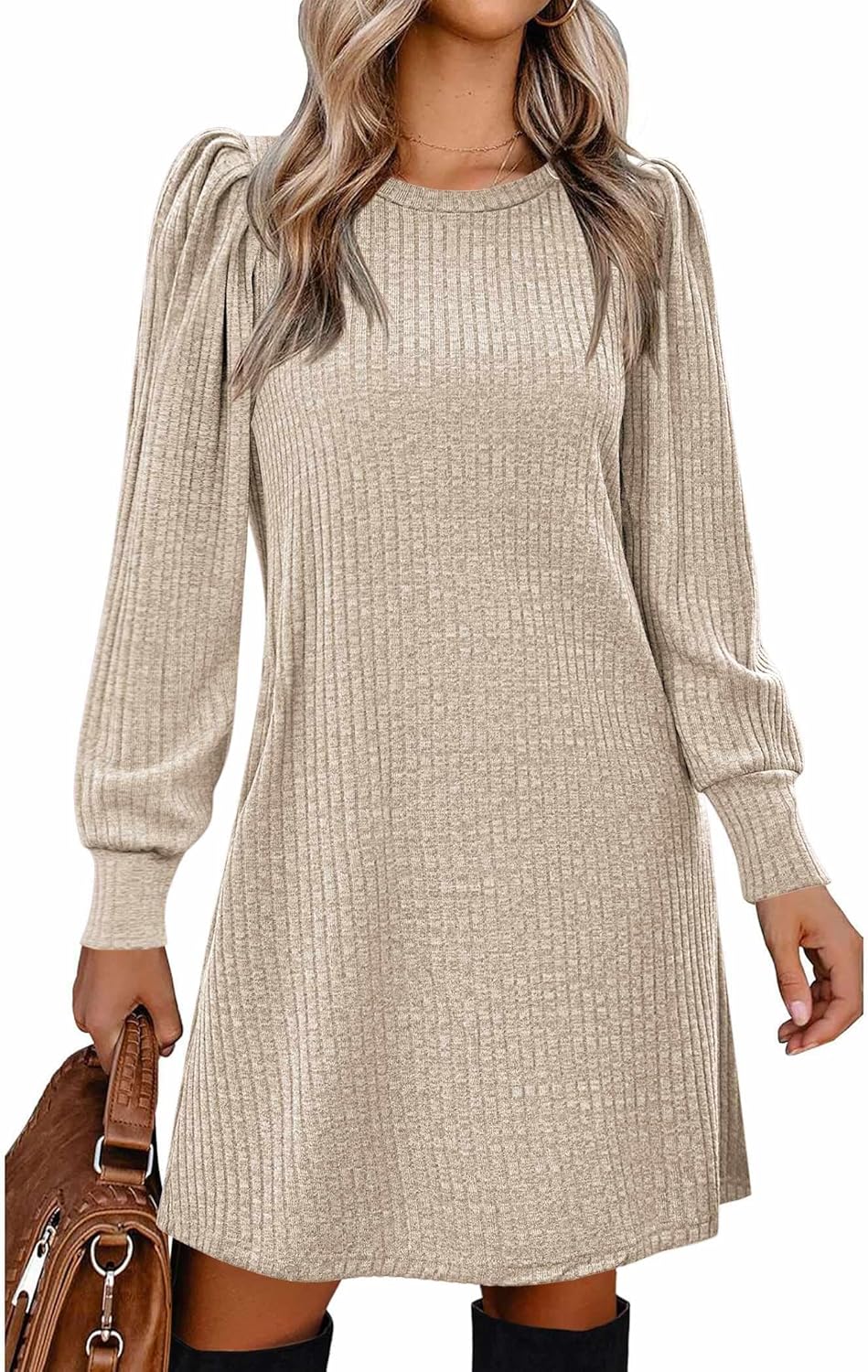 Zeagoo Women's Knit Dress with Puff Sleeves for Fall Fashion