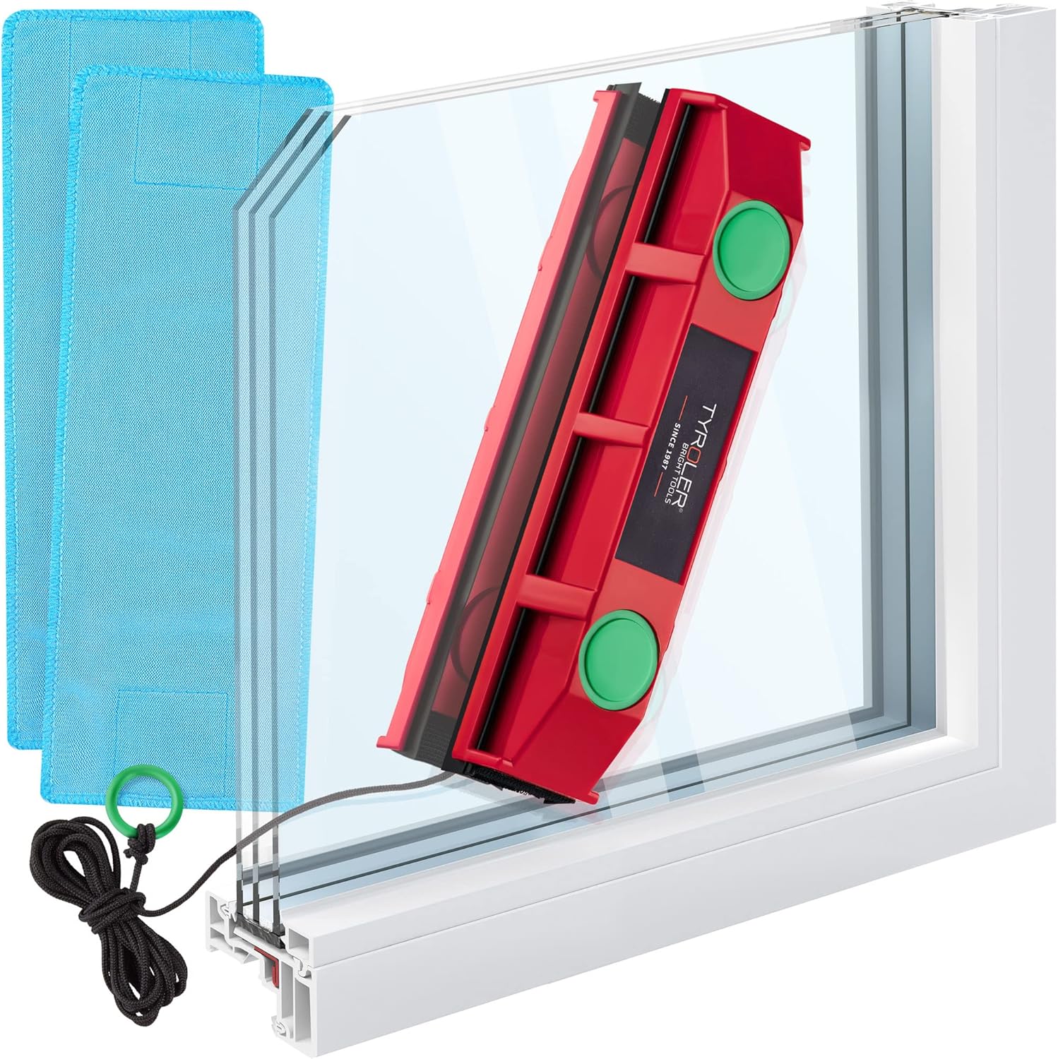 Tyroler Magnetic Window Cleaner for Double-Glazed Windows | Glides on 0.8-1.1 Glass | Anti-Fall Rope | Double-Sided Cleaning