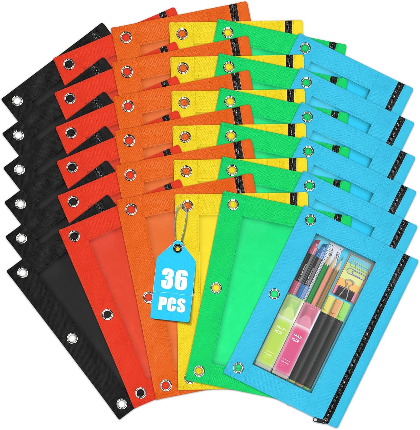 Shemira Pencil Pouch for 3 Ring Binders - 36 Pack in 6 Colors
