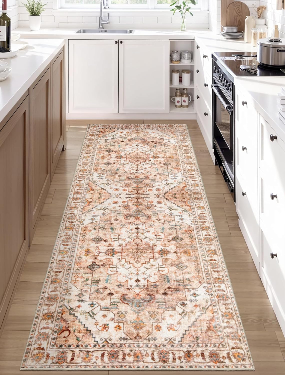 Boho Washable Runner Rug - Vintage Peach Cream Soft Area Rug