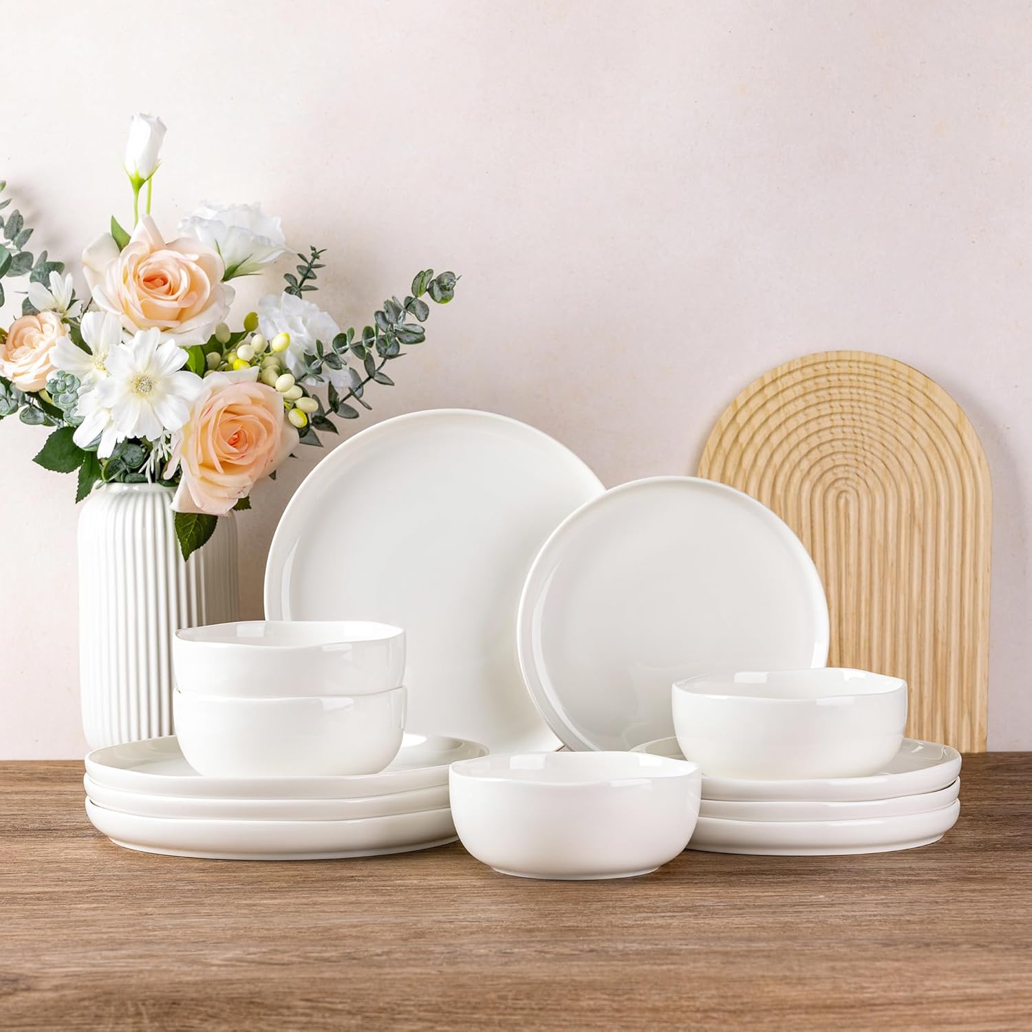 Ceramic Dinnerware Sets for 4 - Handcrafted Wavy Rim Plates