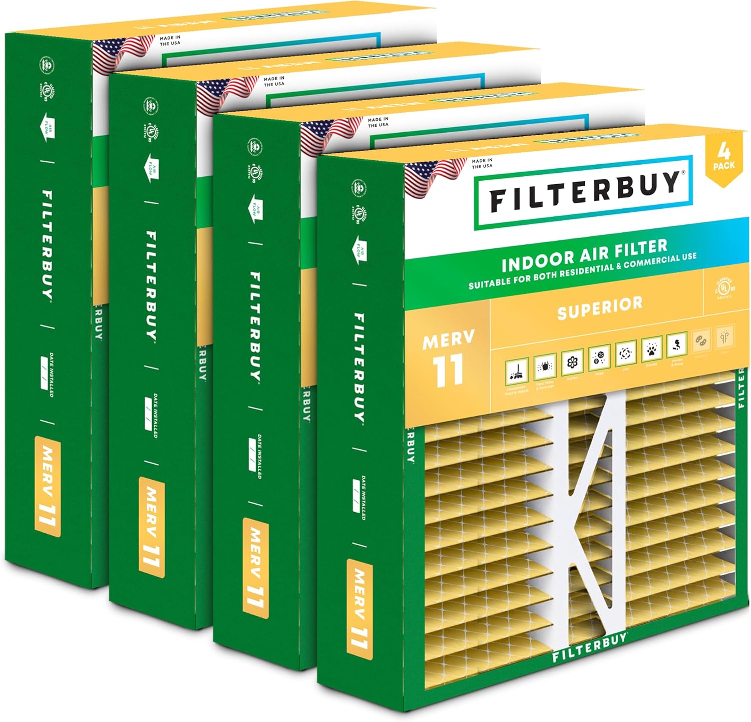 16x22x5 Air Filter MERV 11 for Pet & Allergy Defense - 4-Pack