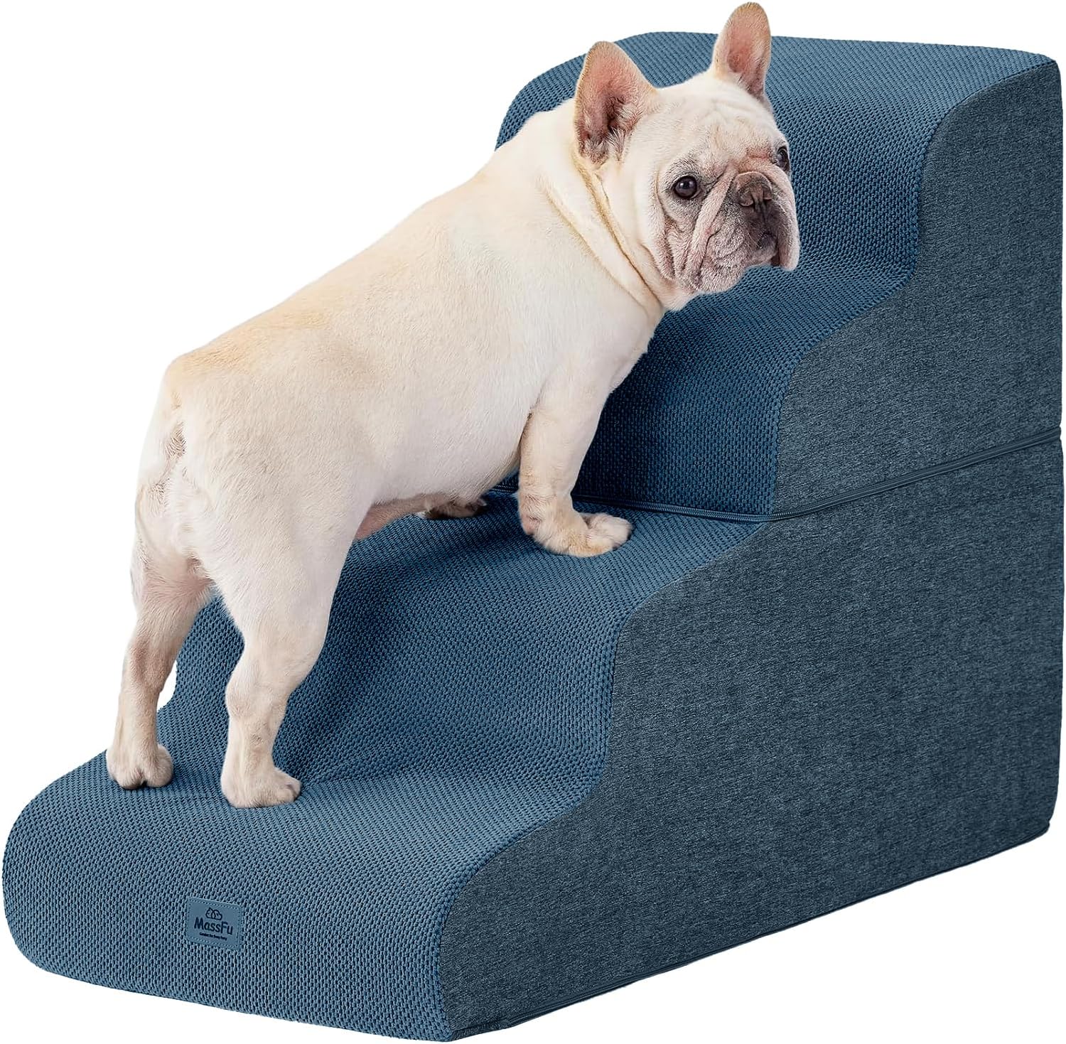 Navy Blue Curved Dog Stairs Ramp for High Beds - 4-Step Design