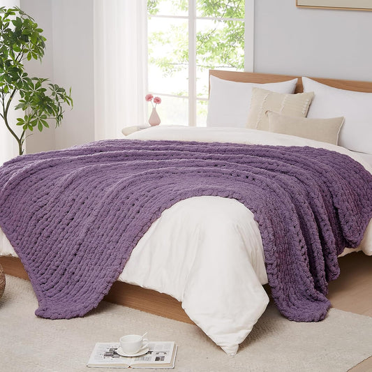 L'AGRATY Chunky Knit Blanket Throw - Handmade Chenille Comfort