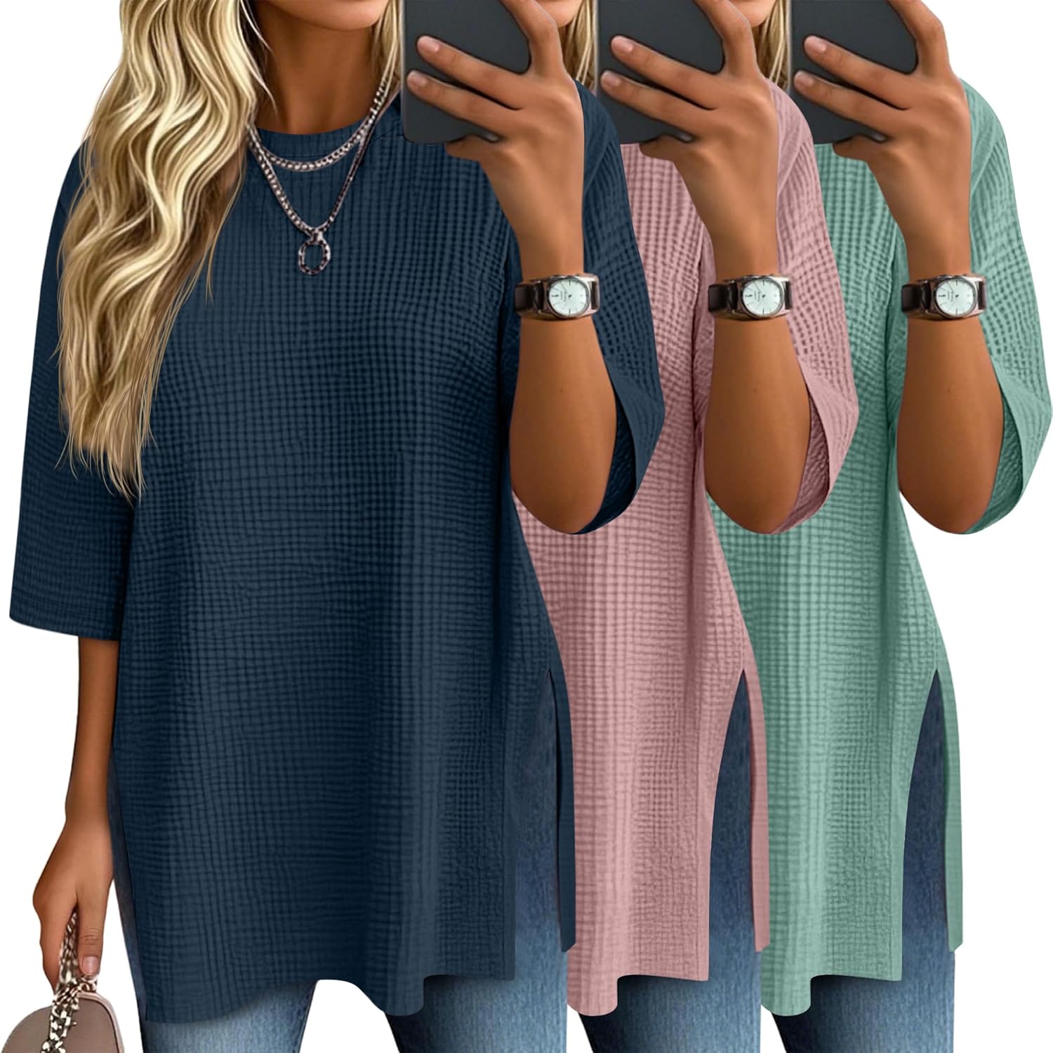 3 Pack Women's Oversized Waffle Knit Tops for Casual Wear