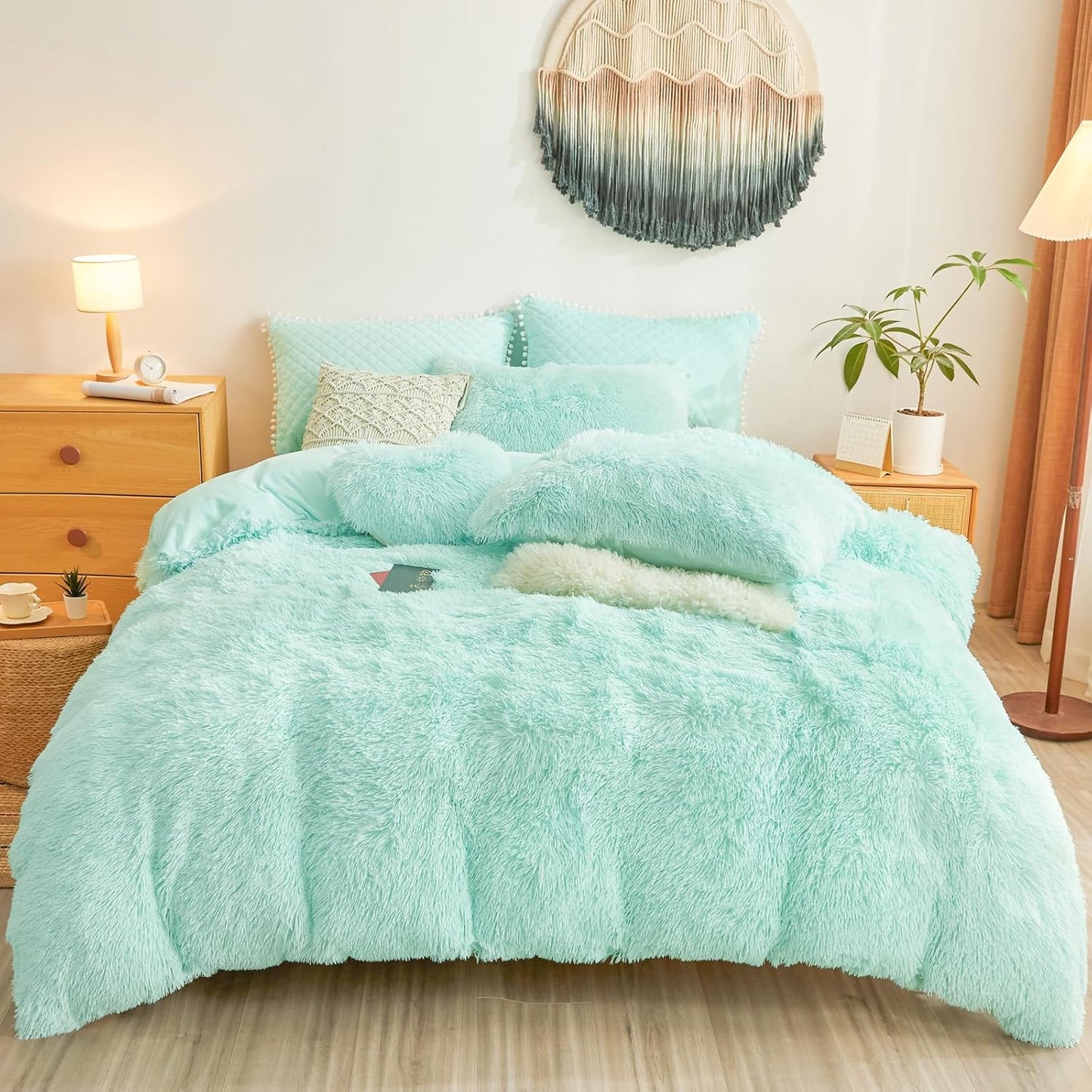 Plush Fluffy Aqua Comforter Cover Queen Set for Cozy Bedding