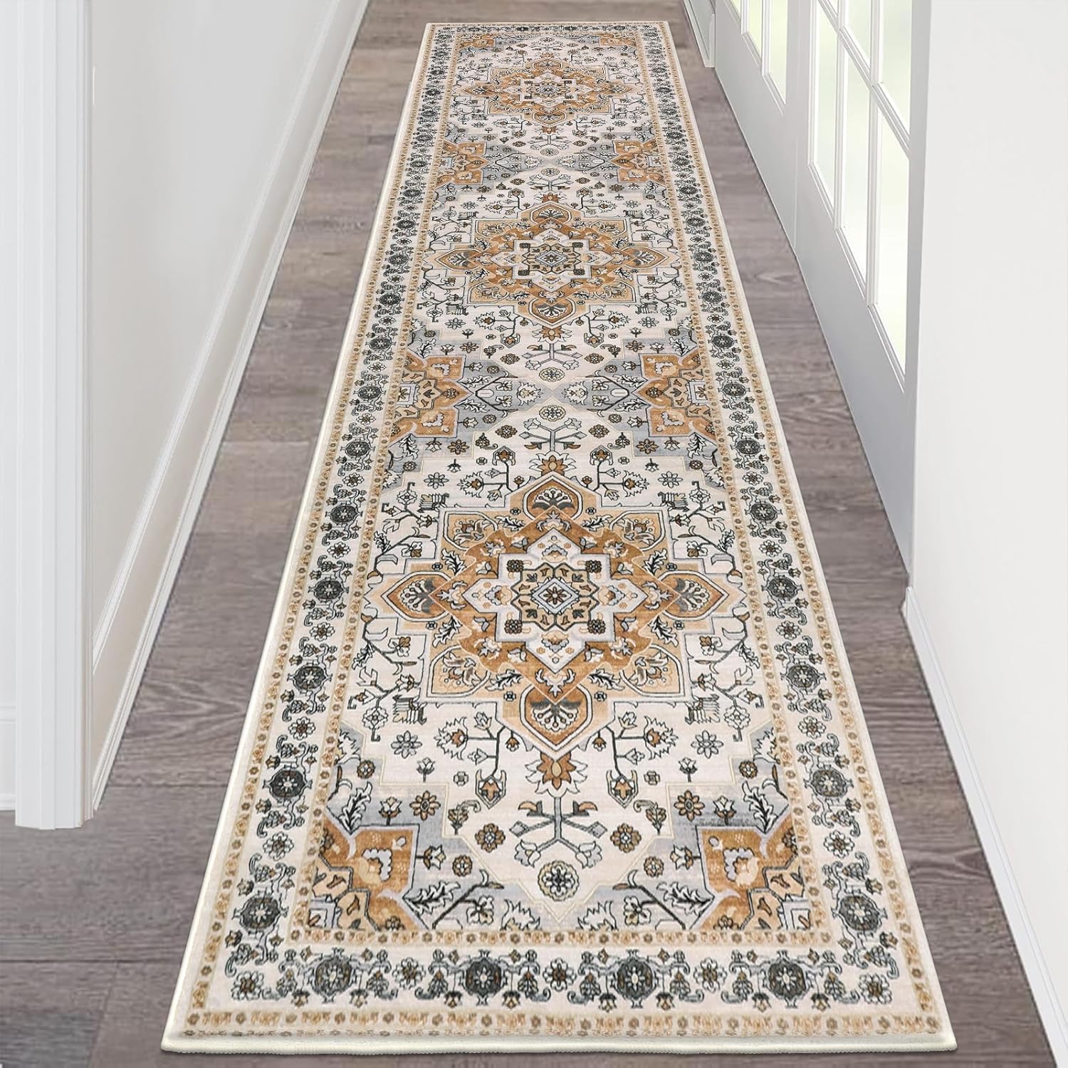 HEBE Hallway Runner Rug 2ftx8ft Vintage Distressed Non Slip Carpet