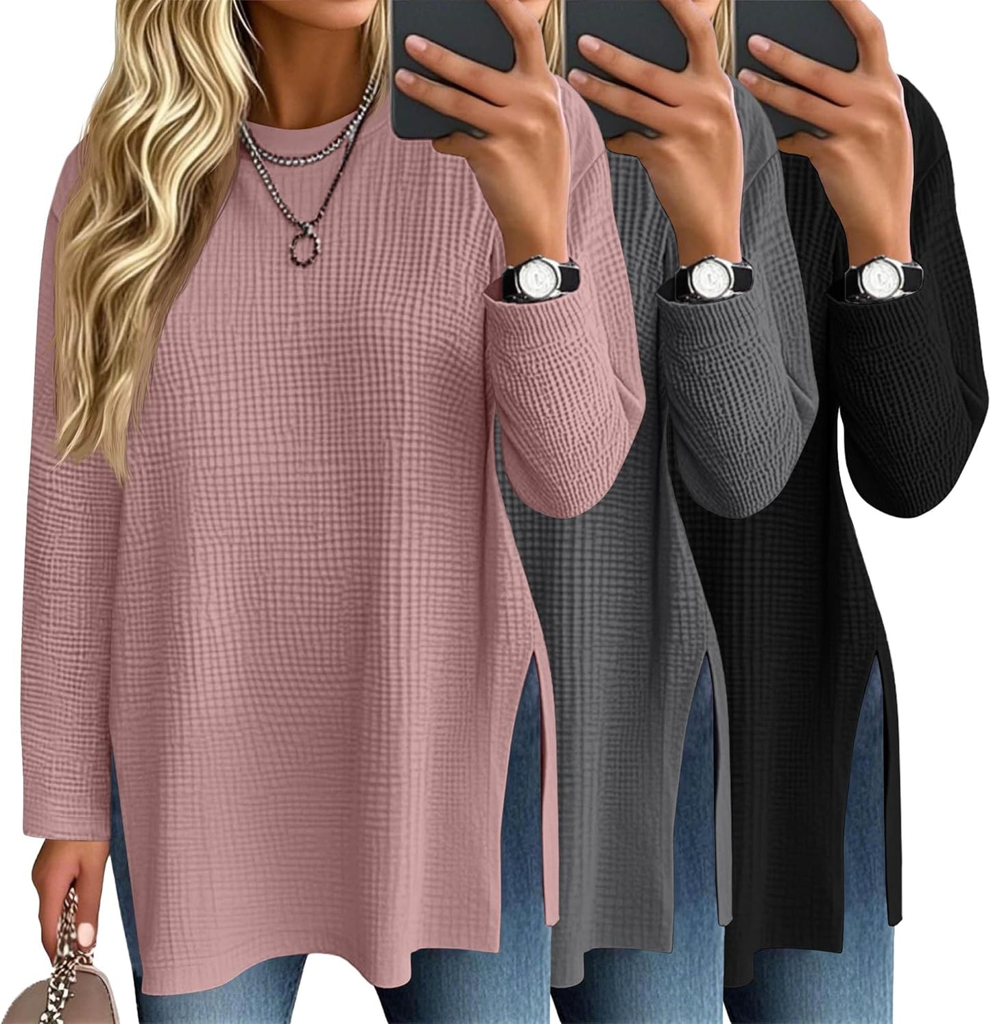 3 Pack Women's Waffle Knit Long Sleeve Tops for Casual Style