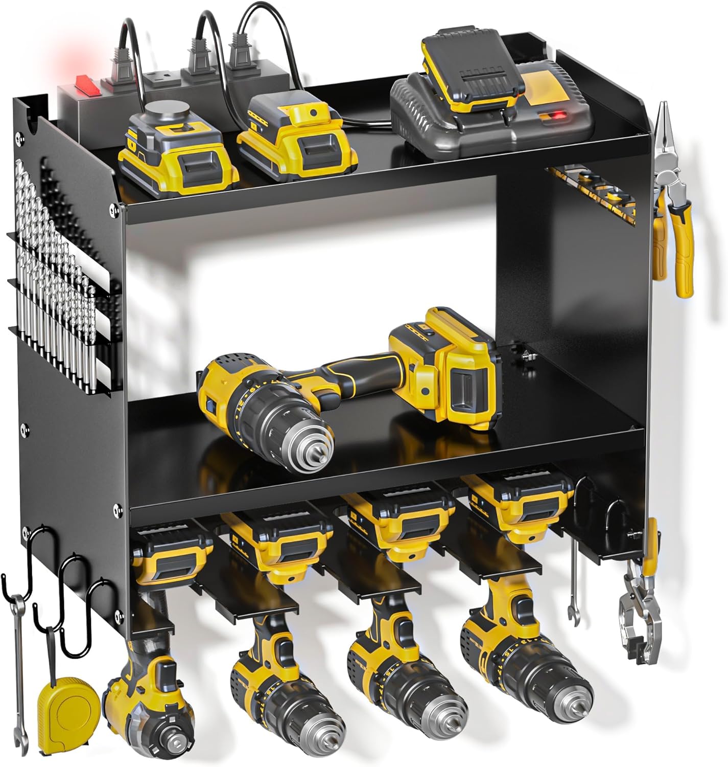 Power Tool Organizer Wall Mount with Charging Station and Hooks