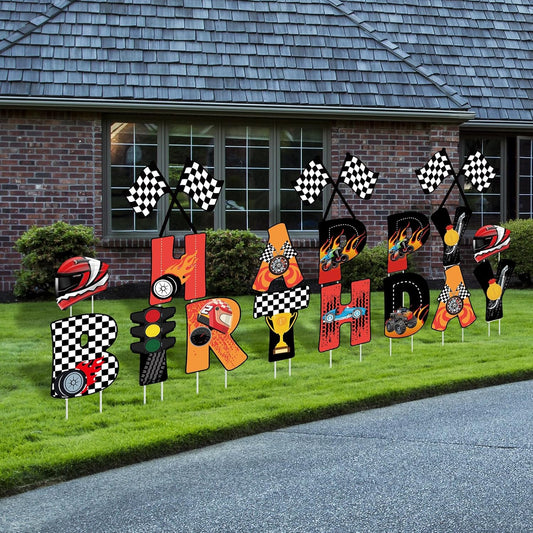 18 Pcs Happy Birthday Yard Signs for Race Car Party Fun