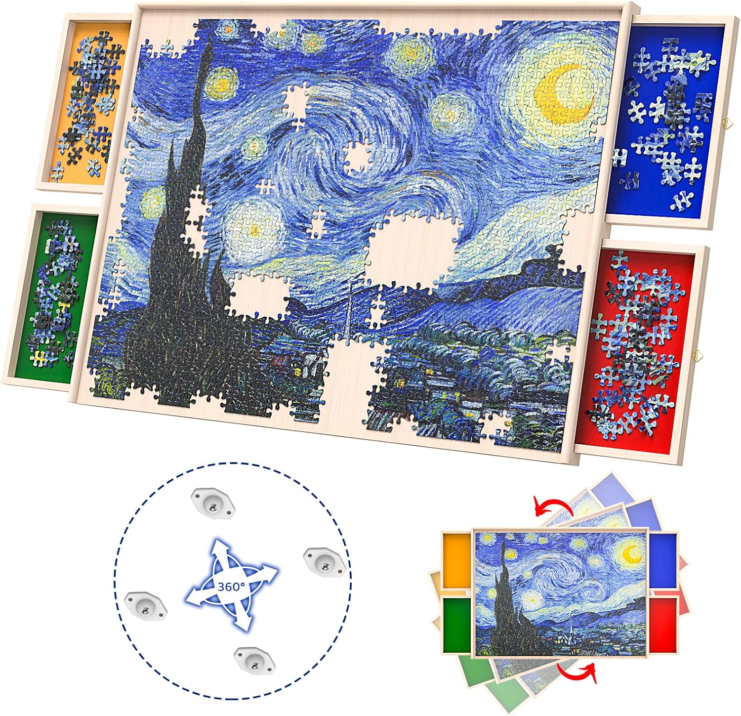 Rotatable 360-Degree Wheels Puzzle Board with Drawers for 1000 Pieces