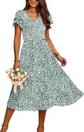 Women Floral Smocked Midi Dress - Flowy Ruffle Tiered Midi