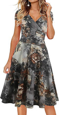 Oxiuly Women's Floral Flare Dress with Criss-Cross V-Neck Design