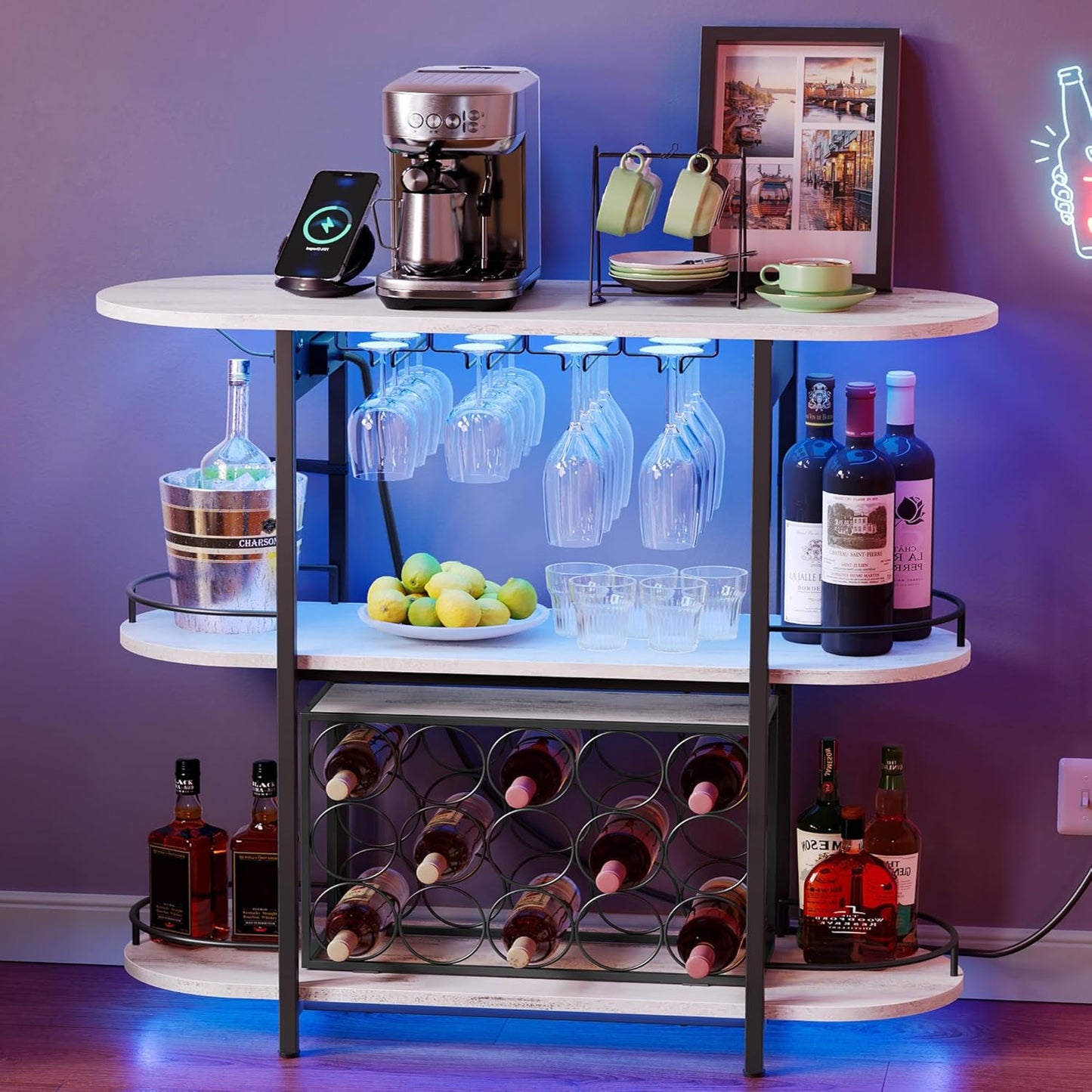 VASAGLE Bar Cabinets for Home with LED Lights and Power Outlets