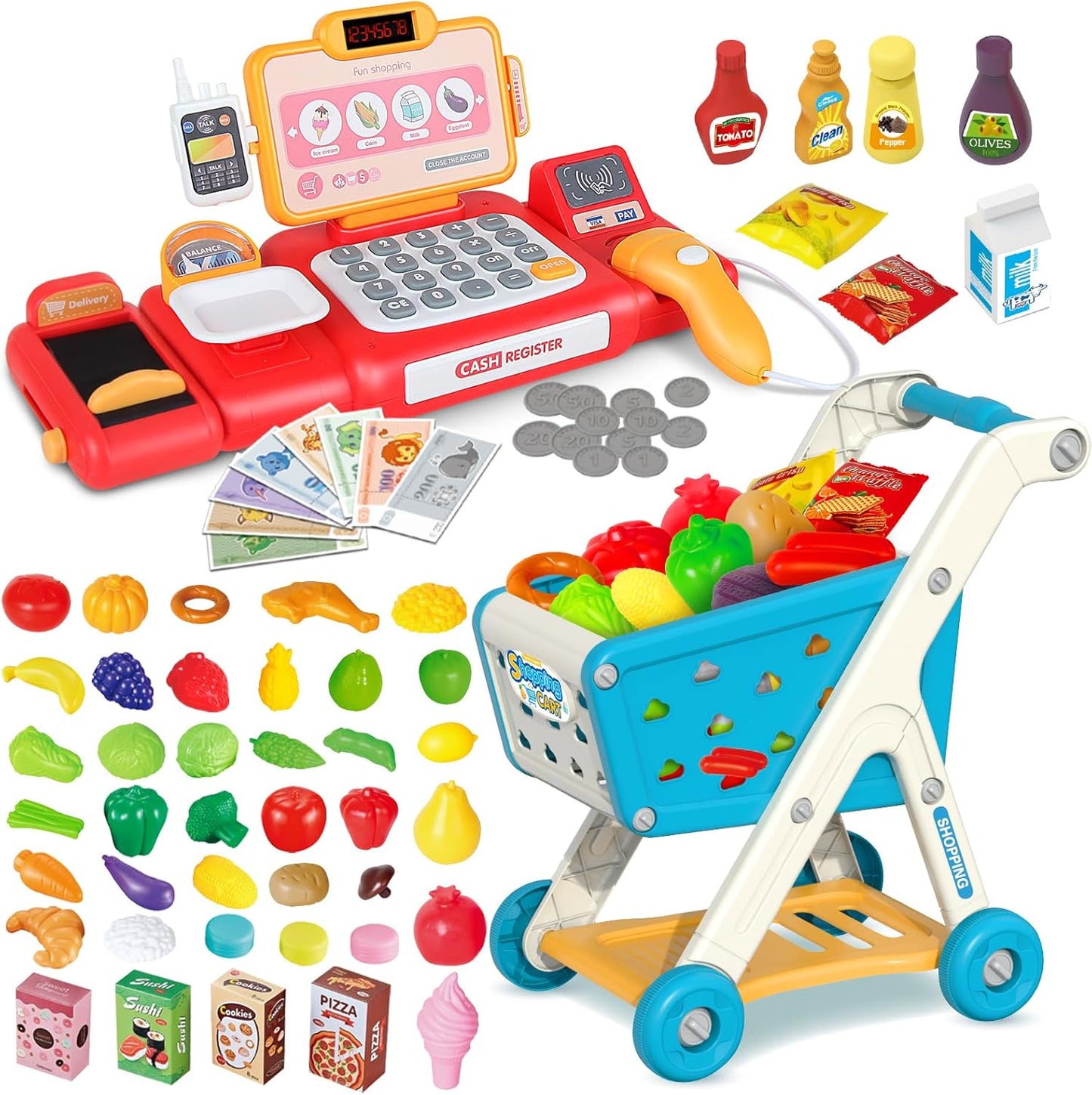 Kids Shopping Cart Trolley Play Set with Cash Register Toy