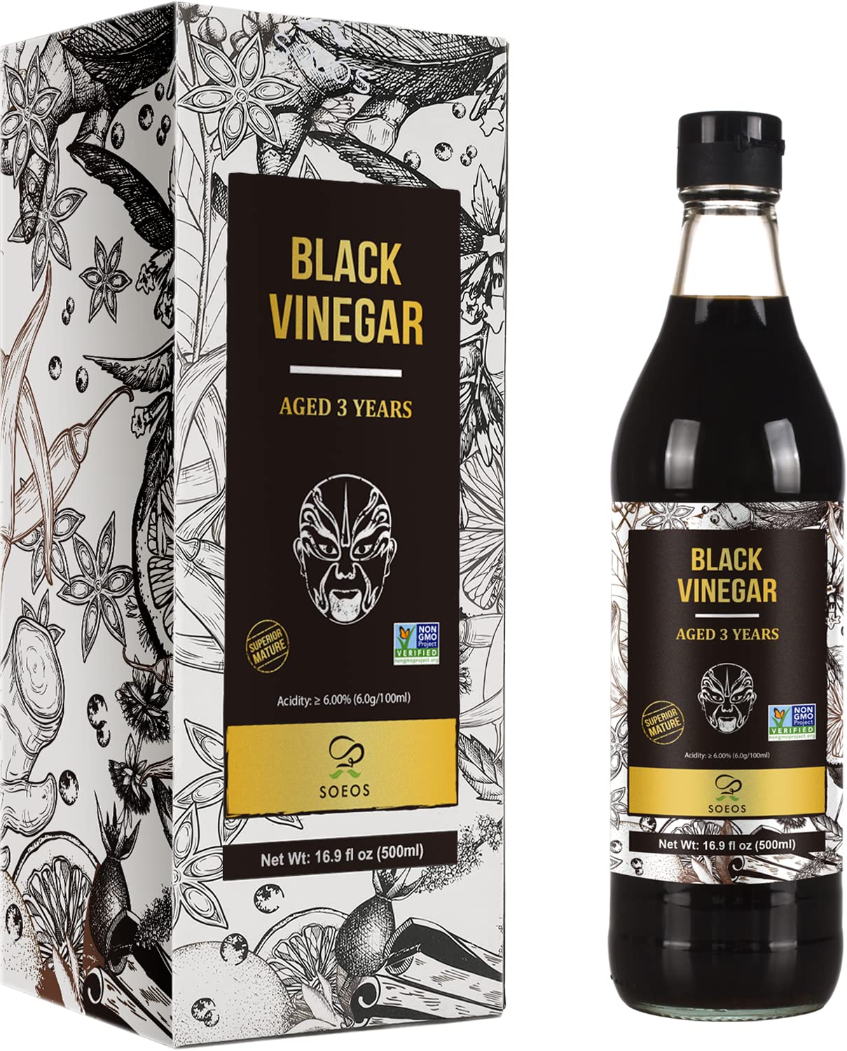 Soeos 3 Years Aged Black Vinegar 16.9 fl oz - Naturally Fermented