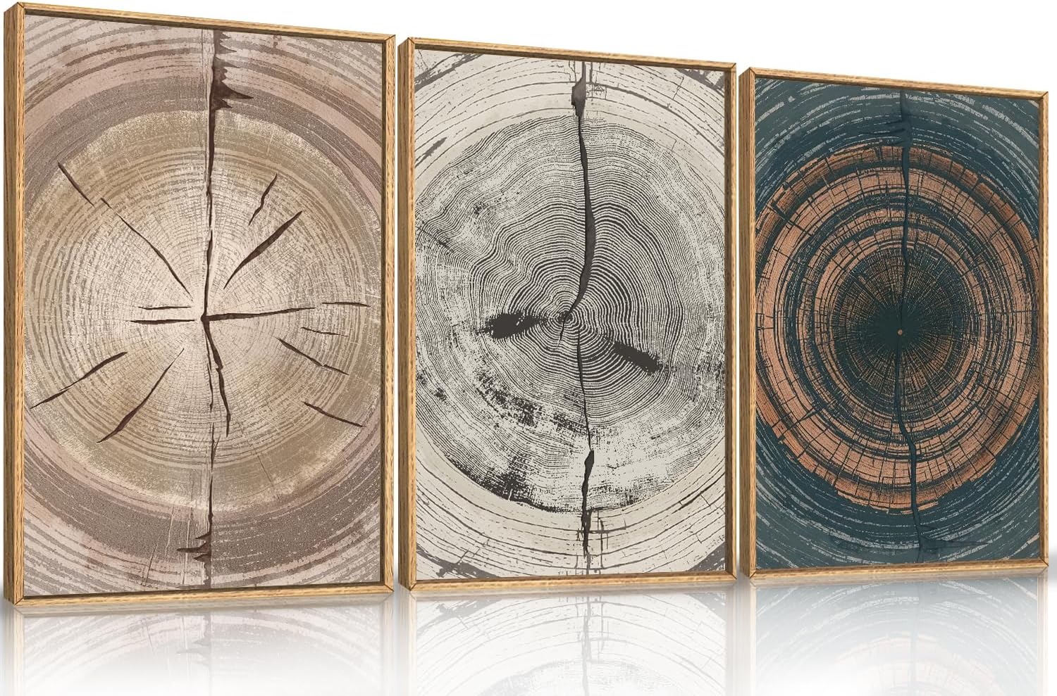 Vintage Beige Tan Tree Ring Framed Canvas Wall Art Set