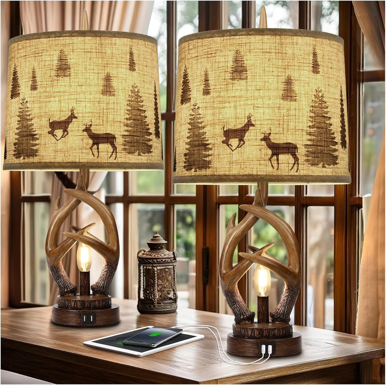 Rustic Farmhouse Antlers Table Lamp Set with USB Ports and Nightlight