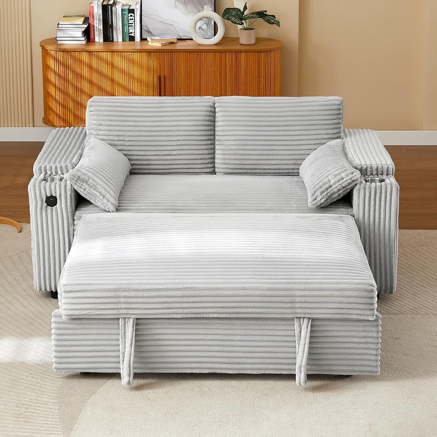 68.11 Corduroy Sleeper Chair Bed with USB Port and Cup Holders