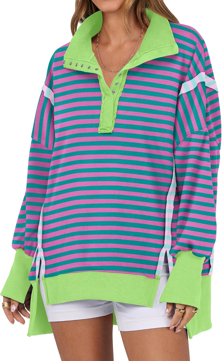 Oversized Casual Button Up Henley Pullover Top for Women
