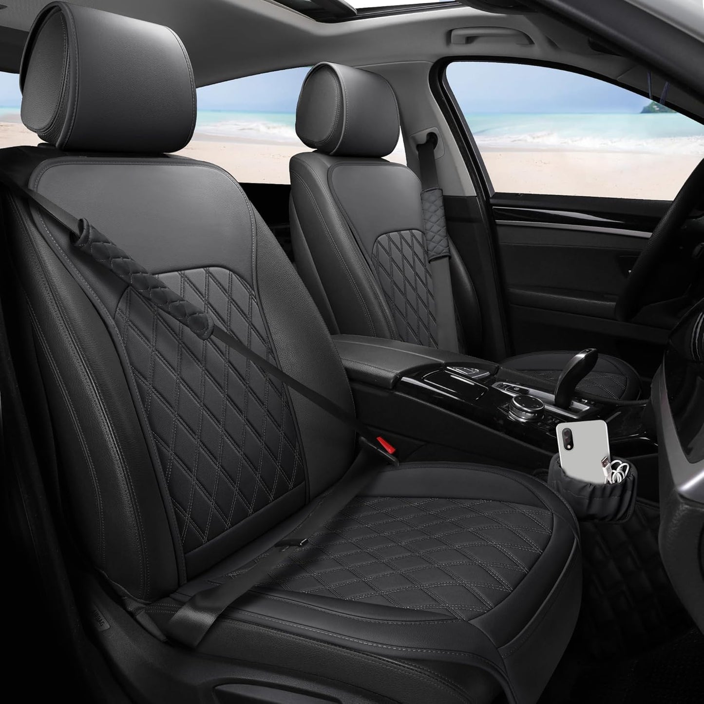 Sanwom Front Car Seat Covers - Waterproof Leather with Storage