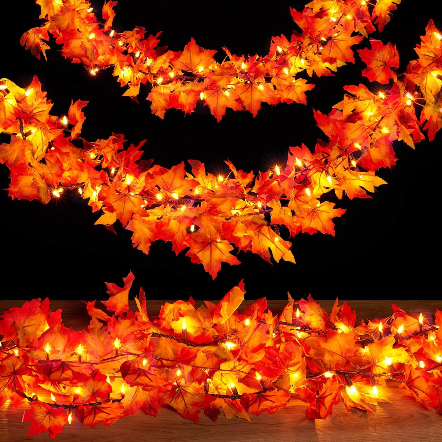 9FT Lighted Fall Garland with Maple Leaves for Thanksgiving Decor