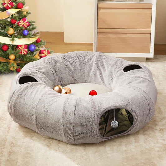 Cat Tunnel Bed for Indoor Cats - Cute Donut Tunnel with Cushion