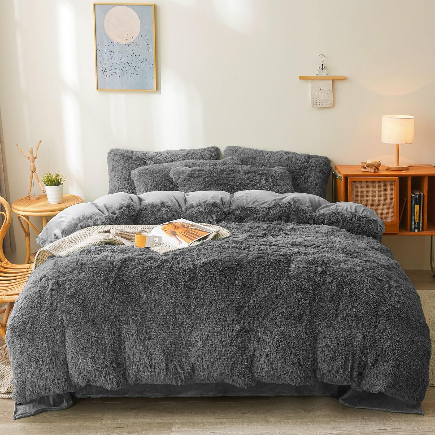 Fluffy Faux Fur Dark Grey Comforter Cover Set Queen - Soft Plush