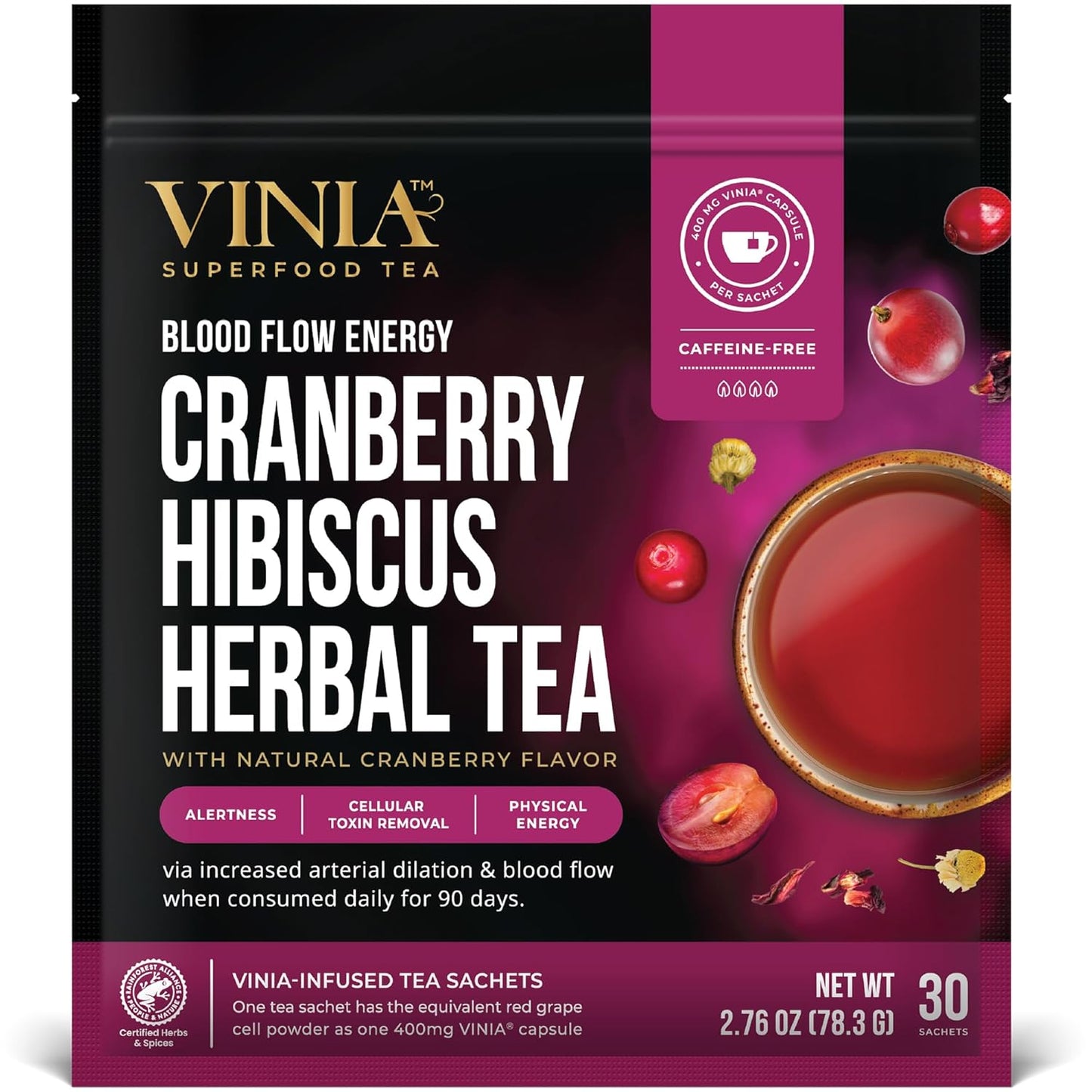 VINIA Cranberry Hibiscus Herbal Tea for Heart Health and Energy