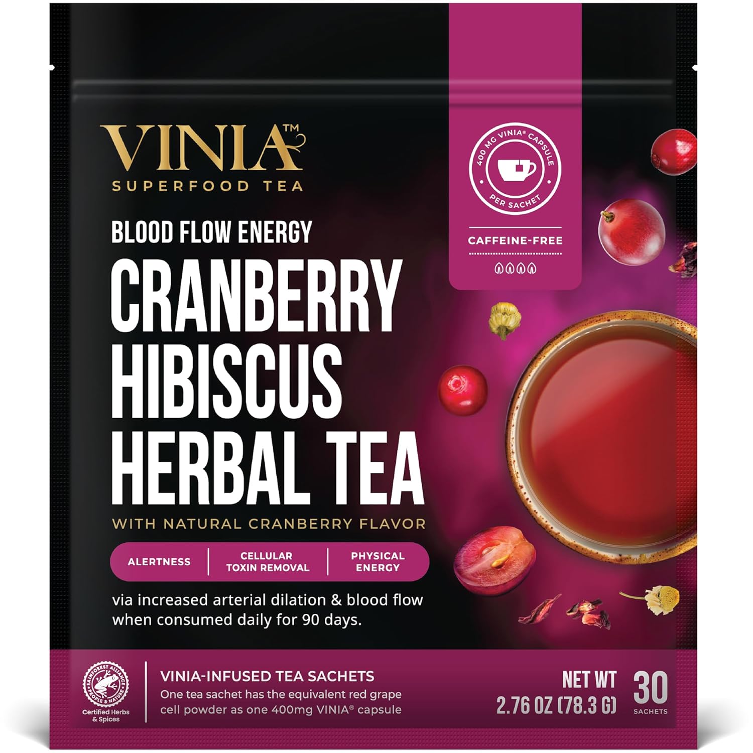 VINIA Cranberry Hibiscus Herbal Tea for Heart Health and Energy