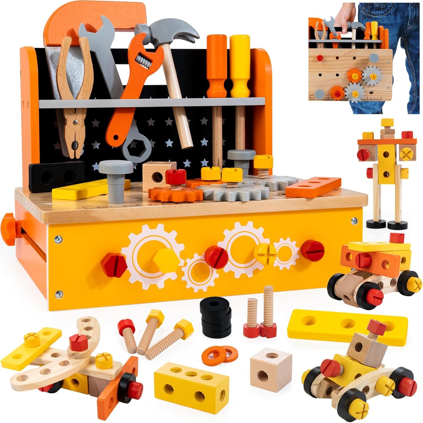 KIDWILL Wooden Tool Bench for Kids - 54-Piece Tool Set