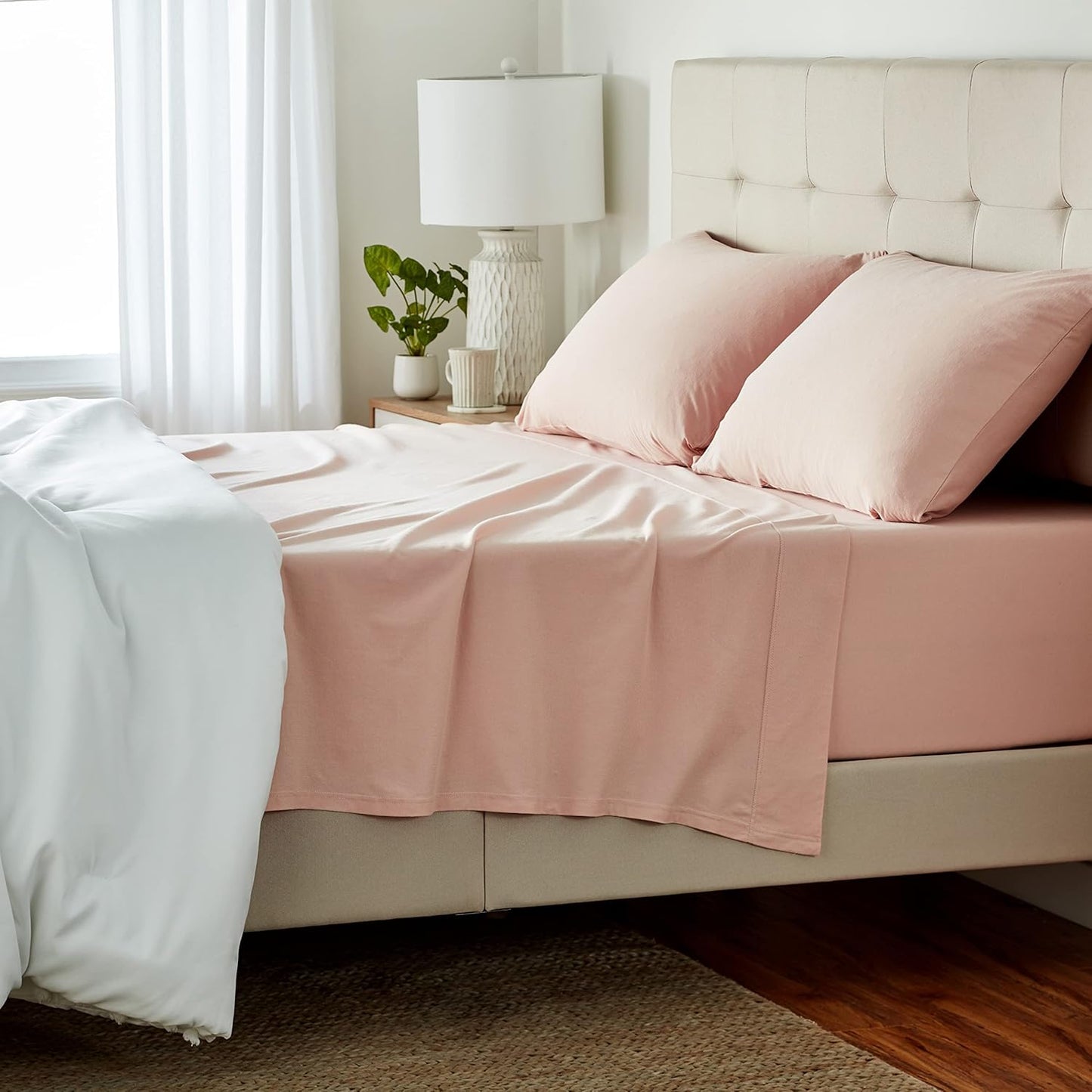 Queen 4 Piece Bed Sheets Set, 100% Cotton Jersey, Blush Color
