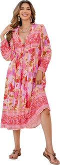 R.Vivimos Women's Long Sleeve Floral Bohemian Midi Dress - Flowy Front
