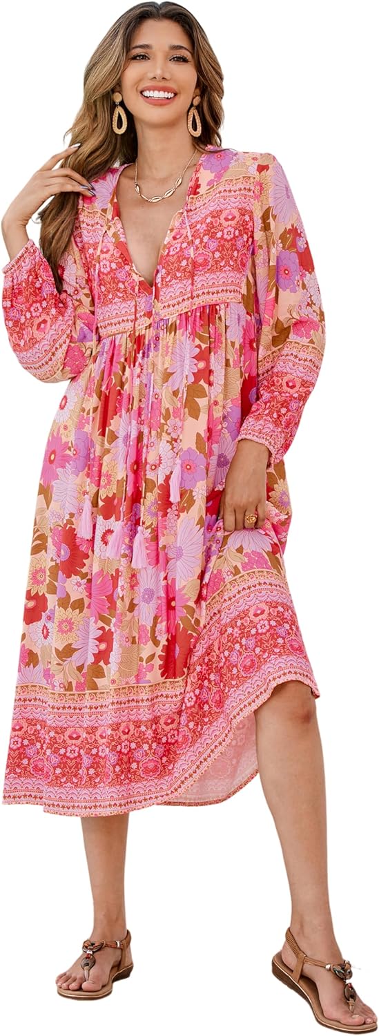R.Vivimos Women's Long Sleeve Floral Print Bohemian Midi Dress