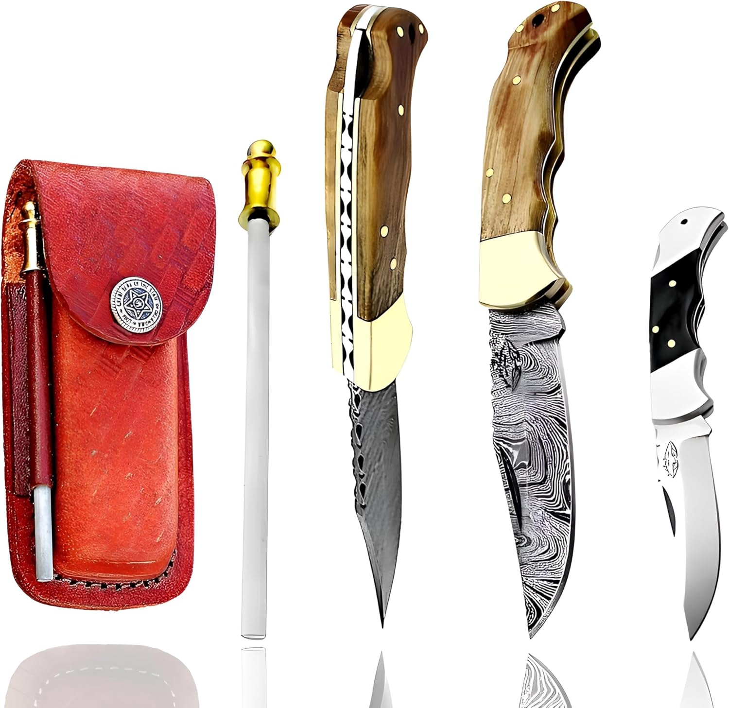 Damascus Pocket Knife Set with Olive Wood Handle and Sheath