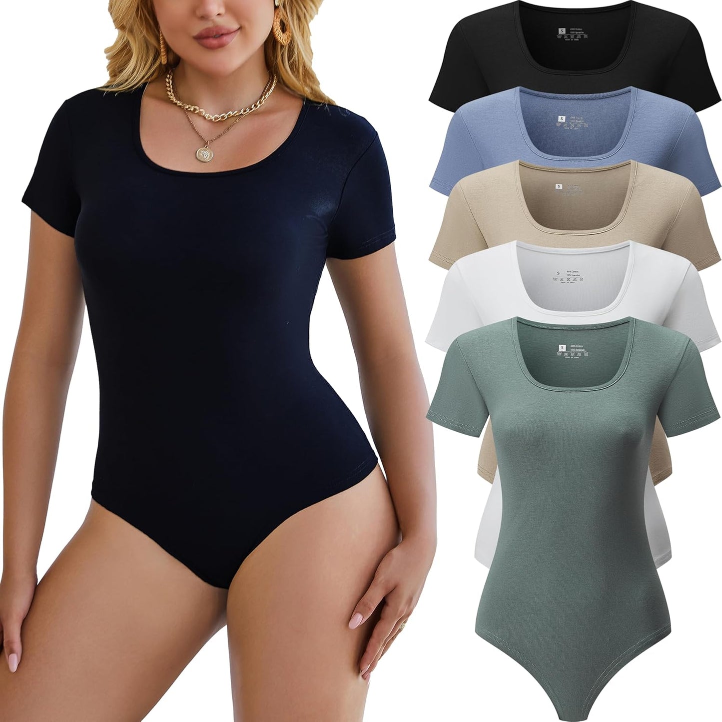 5 Pack Short Sleeve Bodysuits for Women - Casual Stretchy Tops