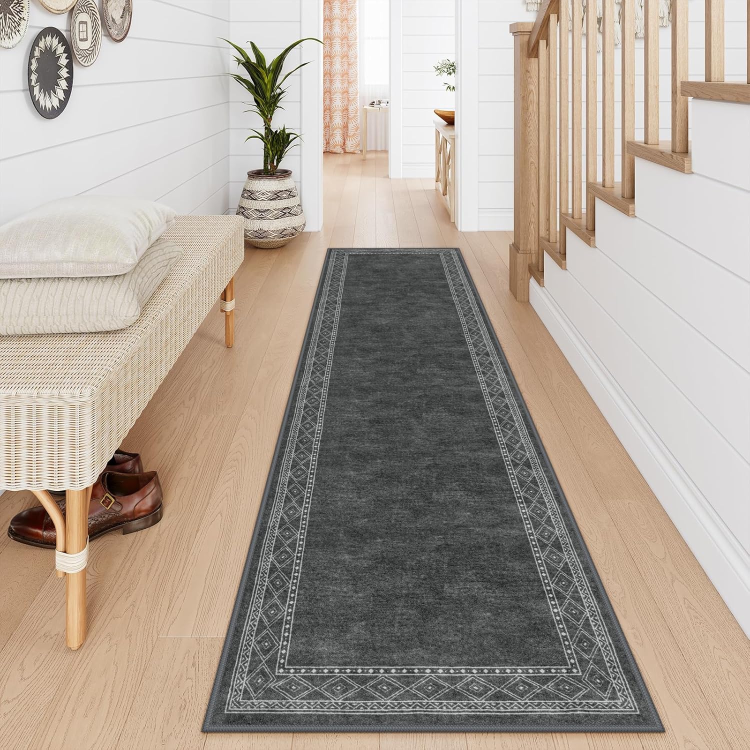 Lahome Modern Bordered Washable Runners for Hallways, Gray