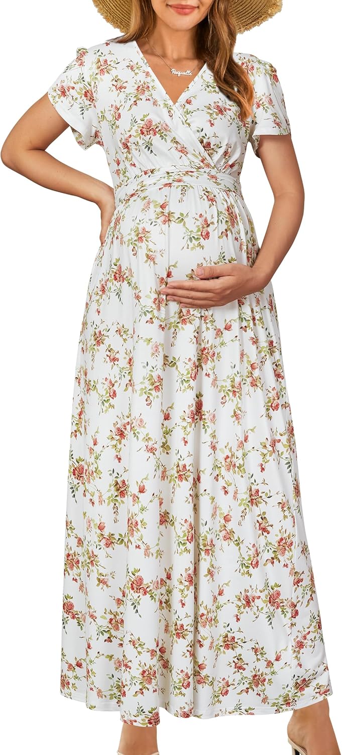 OUGES Maternity Maxi Dress Wrap V Neck for Baby Shower Events
