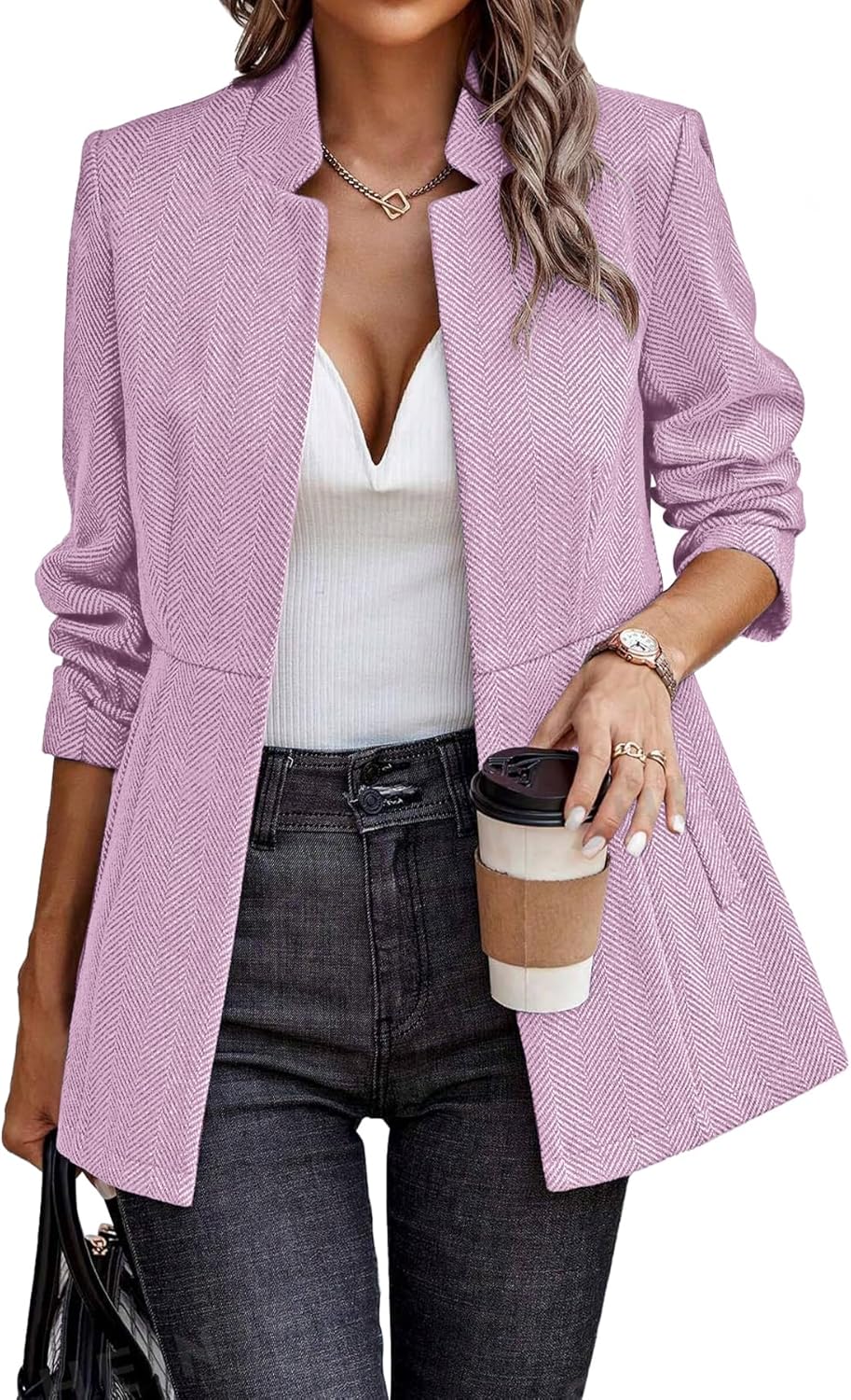 ELLEVEN Womens Open Front Herringbone Blazer for Work Style