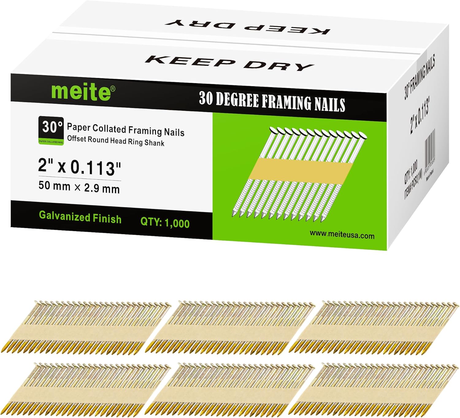 30 Degree Framing Nails by meite - Durable 2-Inch Ring Shank