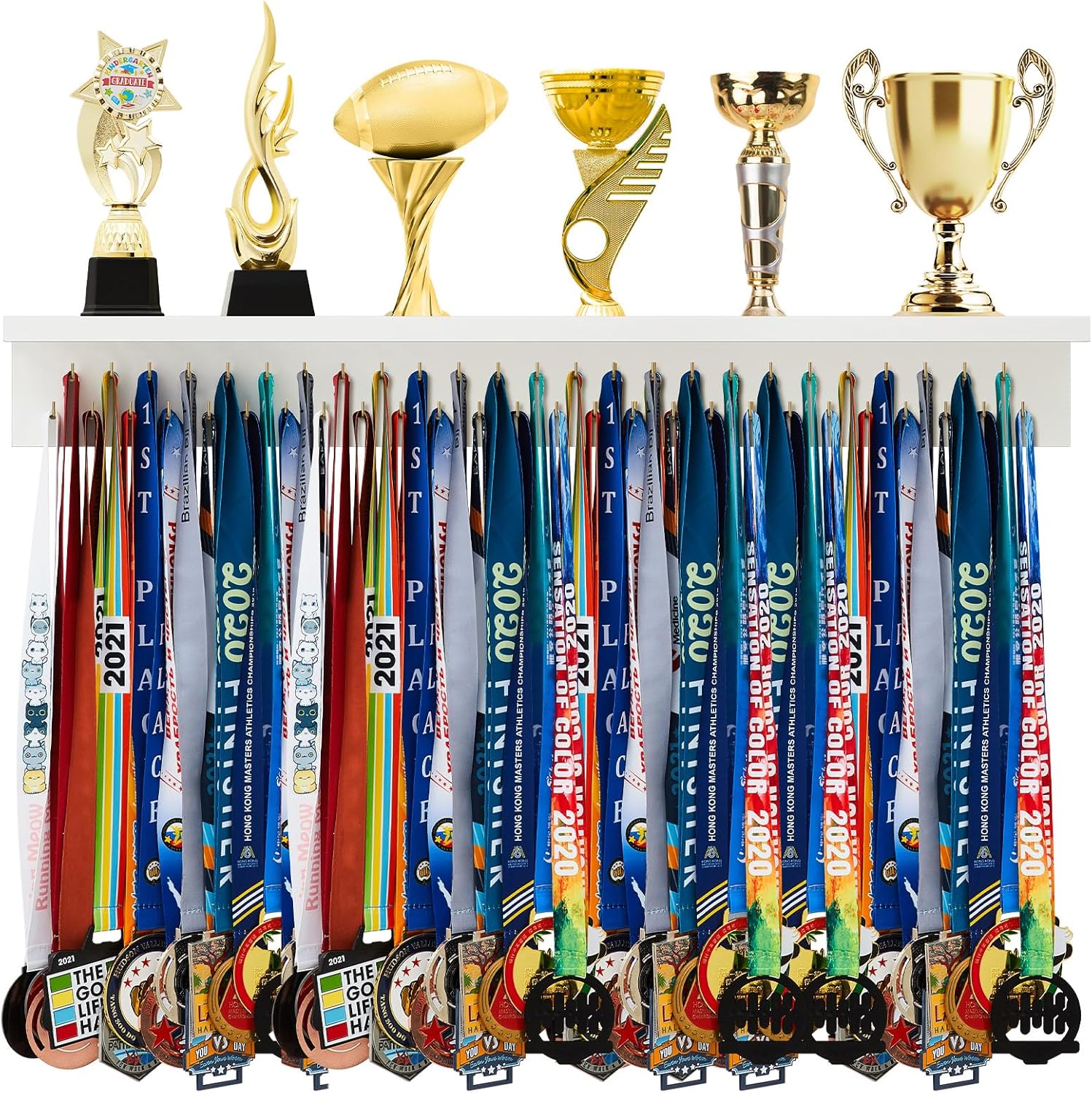 Wooden Medal Holder Display Trophy Hanger Shelf with Hooks