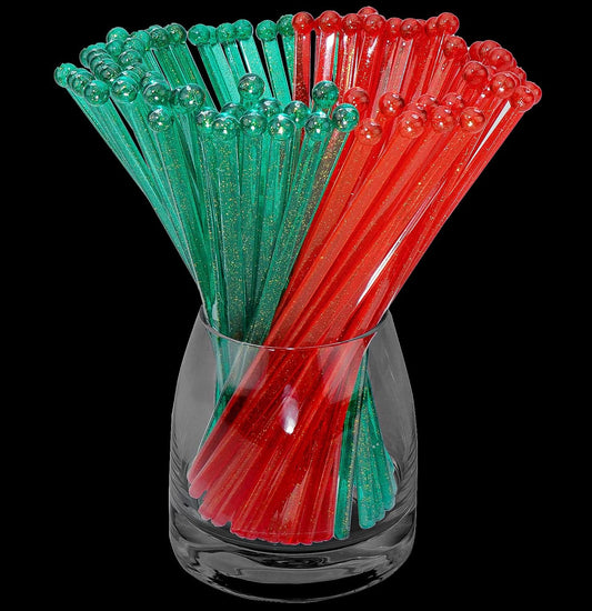 100 Green & Red Glitter Swizzle Sticks - Festive Drink Stirrers!