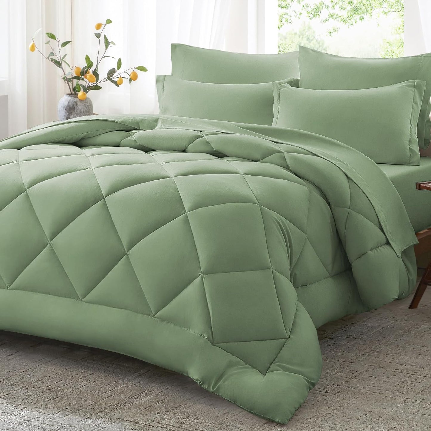 Anluoer Queen Comforter Set - Lightweight Sage Green Bedding