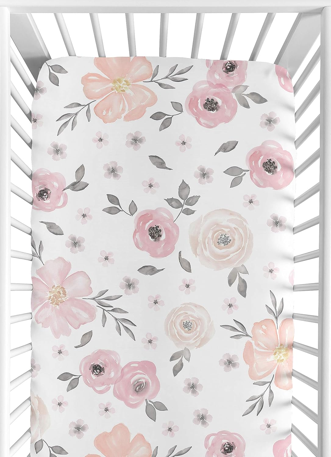 Fitted Baby Crib Sheets in Pink and Grey Boho Floral Design