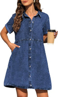 KDF Denim Dress for Women with Pockets - Flowy Babydoll Button-Down