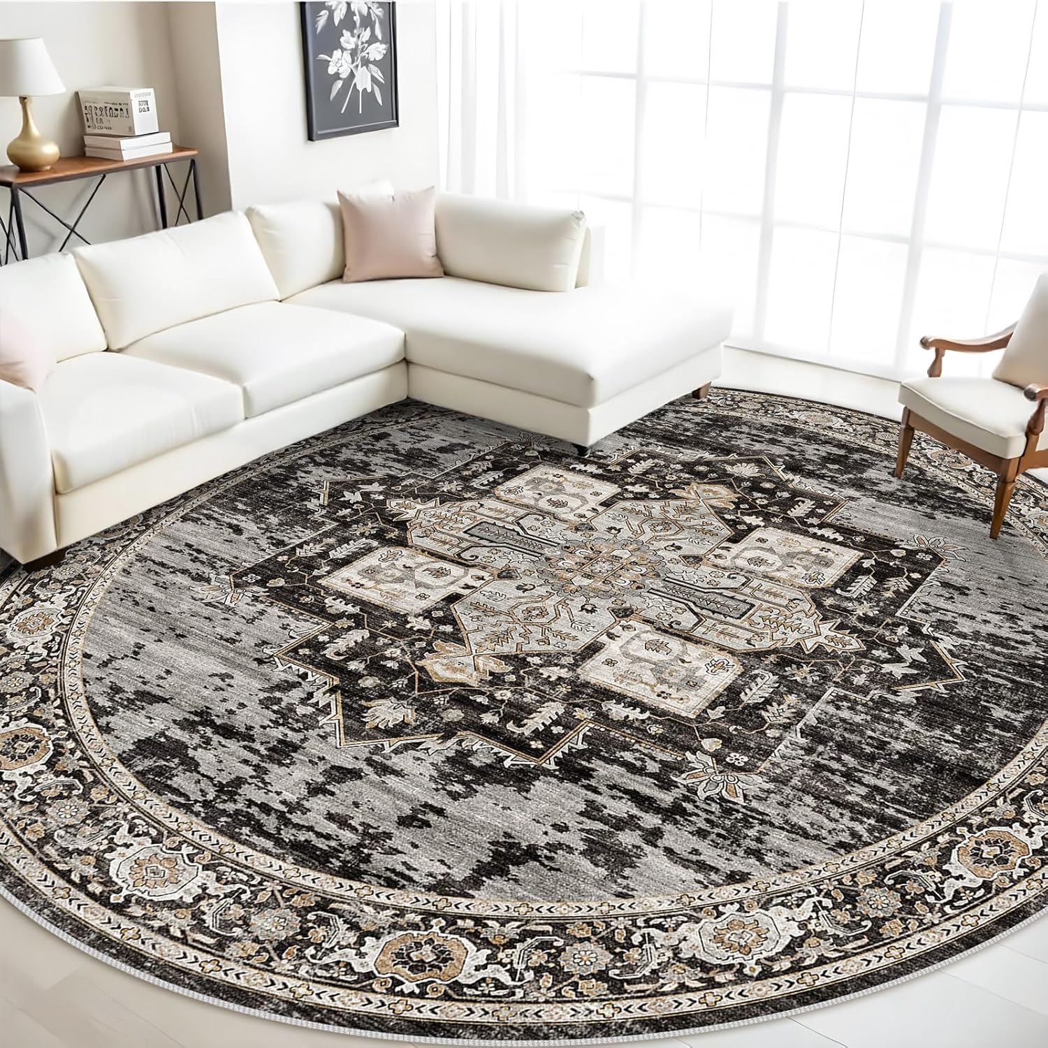 RUUGME 9ft Round Rug - Large Boho Vintage Tribal Carpet