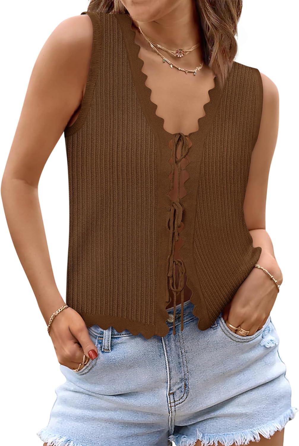 Womens Tie Front Tops Trendy 2025 Summer V Neck Sleeveless Sweater