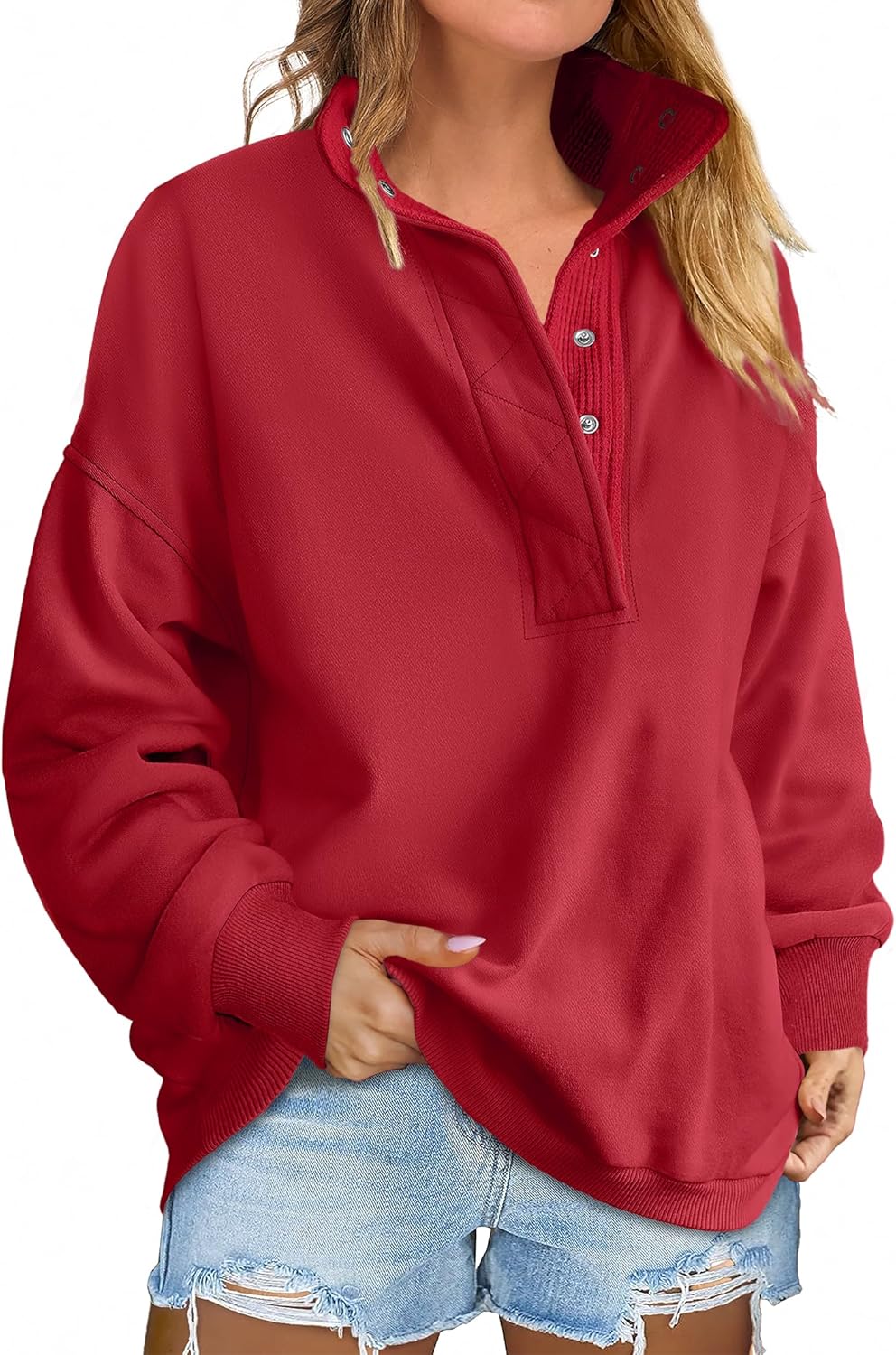 Oversized Sweatshirt for Women - Casual Henley Pullover Tops