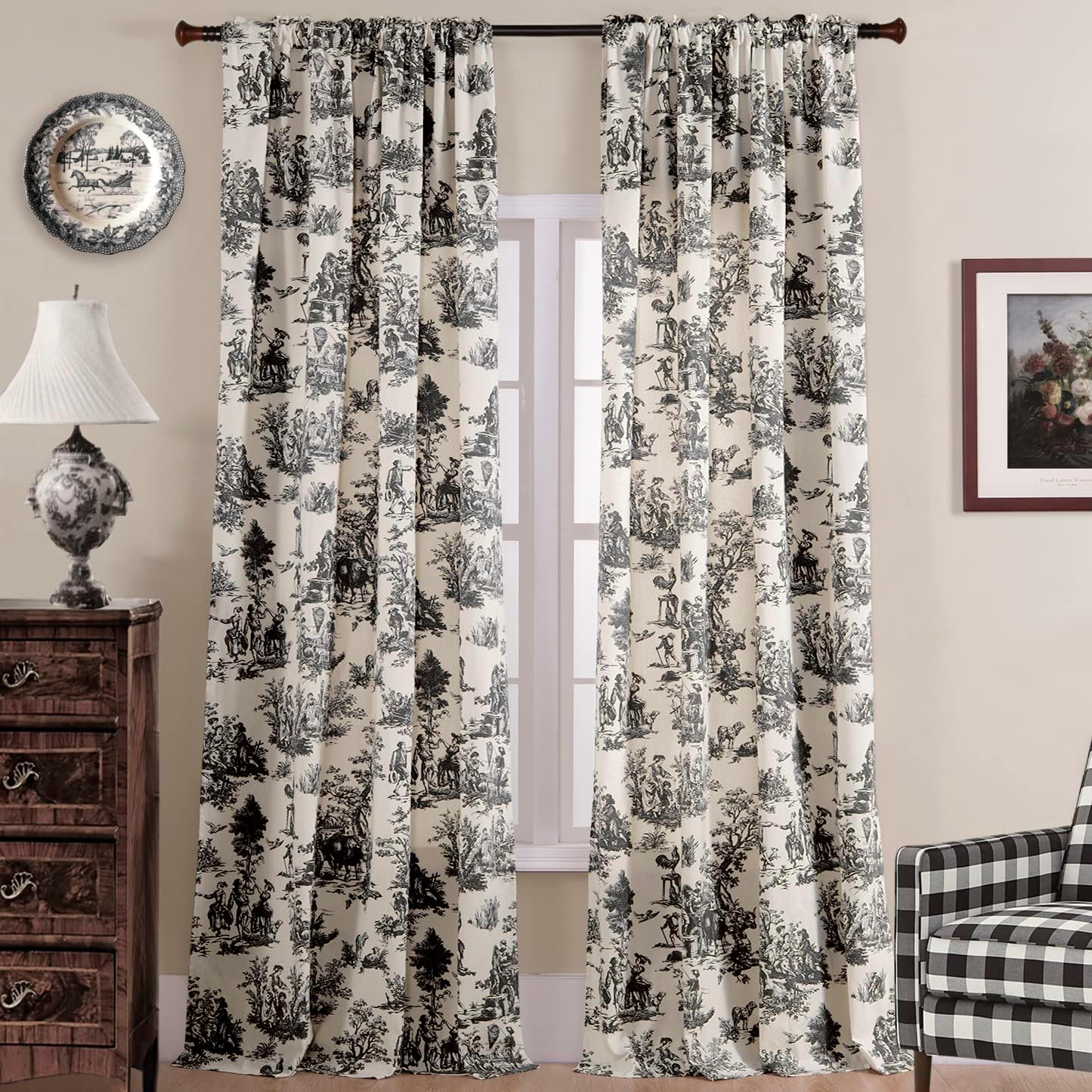 Black Curtains 90 Inches Long for Living Room with Toile Print
