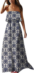 Women's Off The Shoulder Maxi Dress Blue White Porcelain - Boho Summer